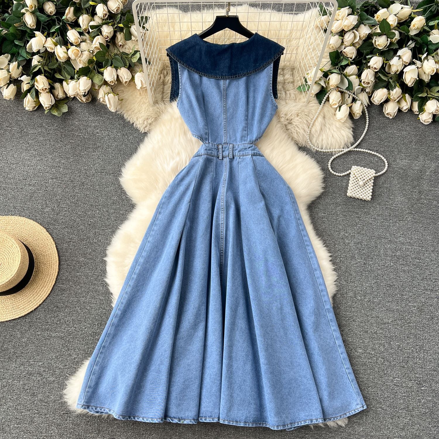 Sleeveless Turn Down Collar Sheer Waist Cut Out Denim Dress 7