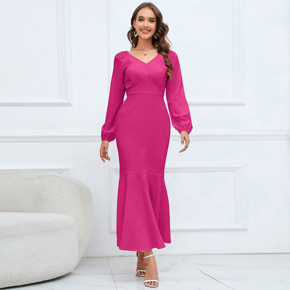 Plus Size Women V Neck Long Sleeve Mermaid Dress 9