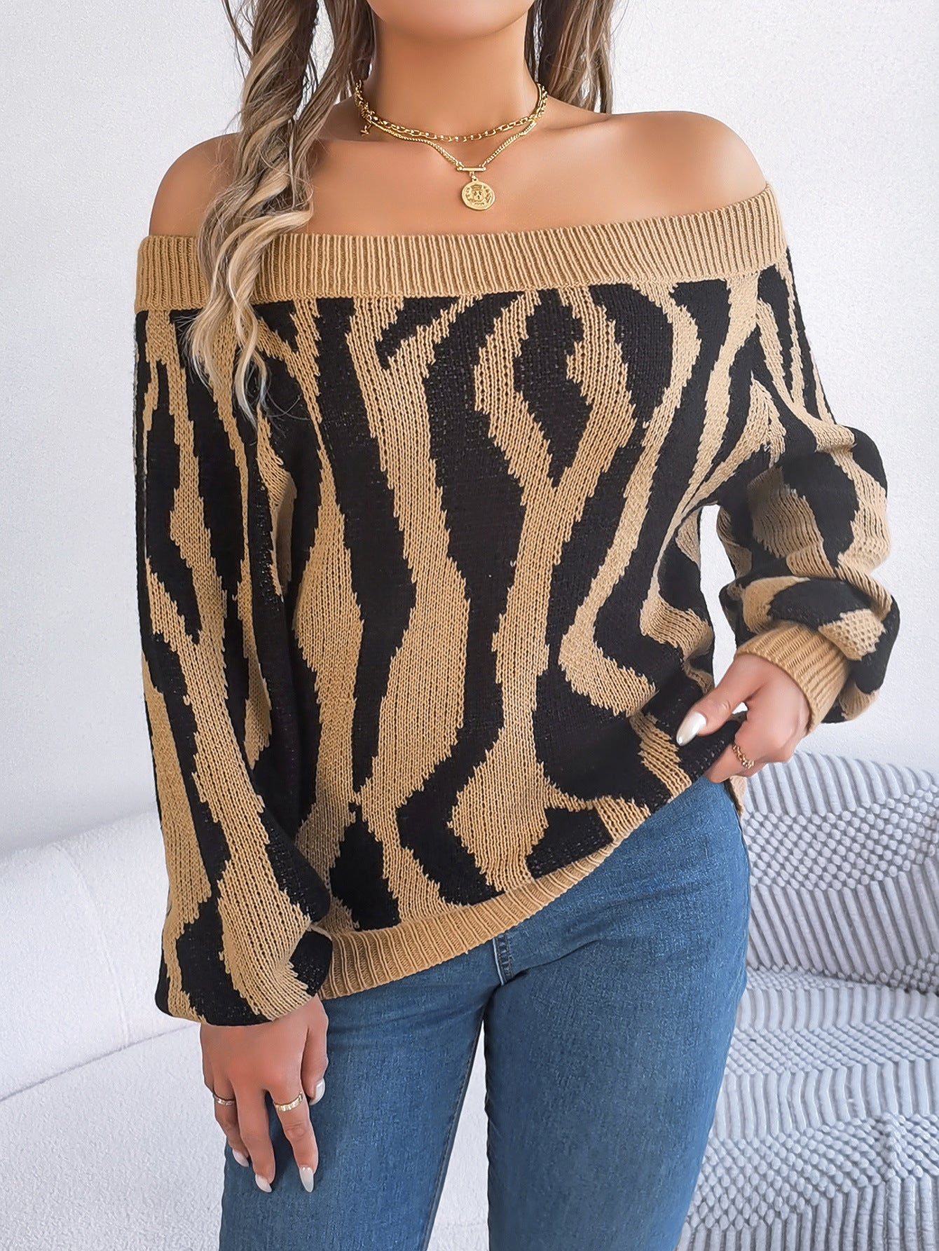 Women Casual Contrast Color Off Shoulder Off-Shoulder Balloon Sleeve Sweater 6
