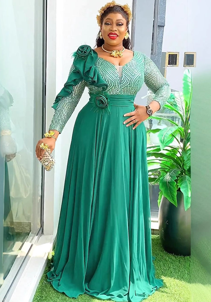 African Women's Clothing Plus Size Sequin Chiffon Flower Long Dress