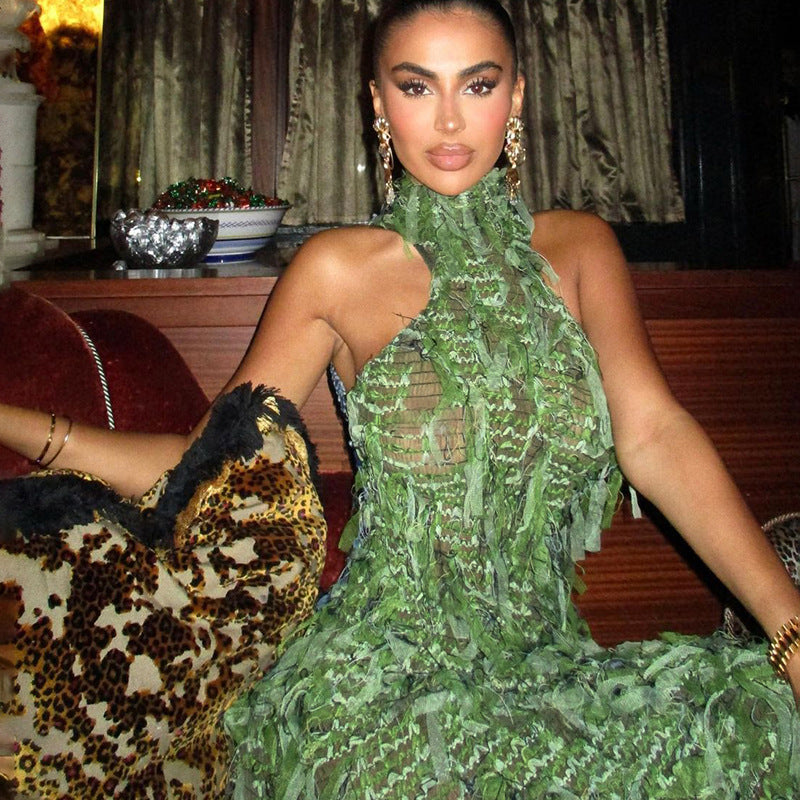 Autumn Women's Sexy High Neck Sleeveless Tassel See-Through High Waist Slim Long Dress