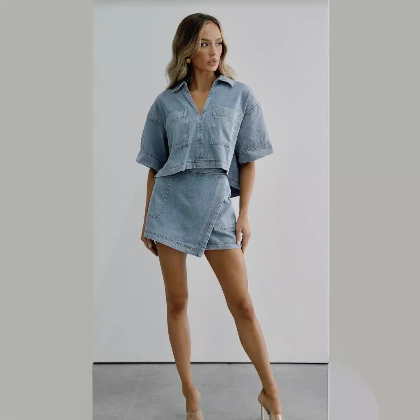 Women Casual Denim Polo Short Sleeve Shirt Irregular Skirt Pants Two-piece Set 3