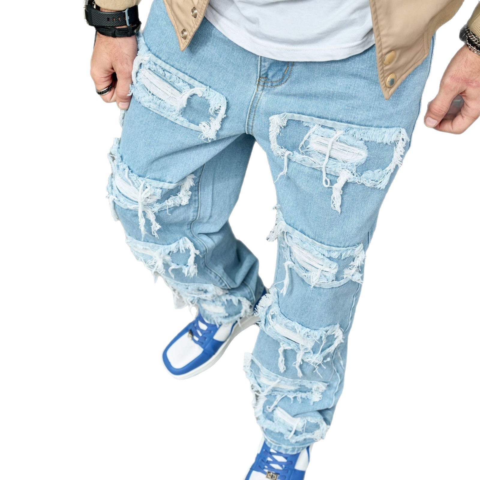 Men's Raw Denim Pants Solid Color Slim Fit Skinny Stretch Ripped Destroyed Slim Long Pants 6