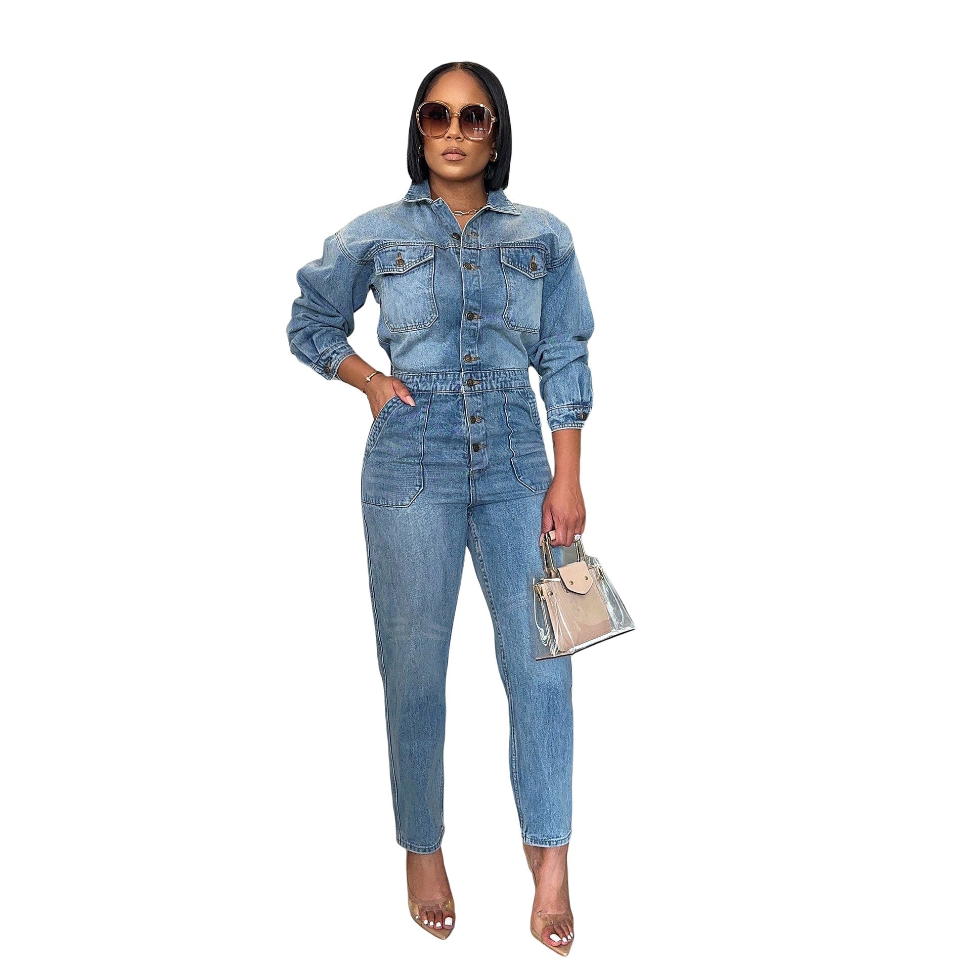Women Clothing Wash Denim Jumpsuit