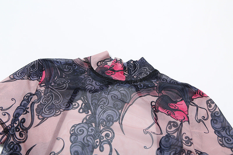 Women Summer Street Trend Mesh See-Through Print Backless Jumpsuit 26