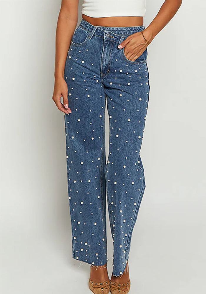 Women's Clothing Beaded Straight Denim Trousers