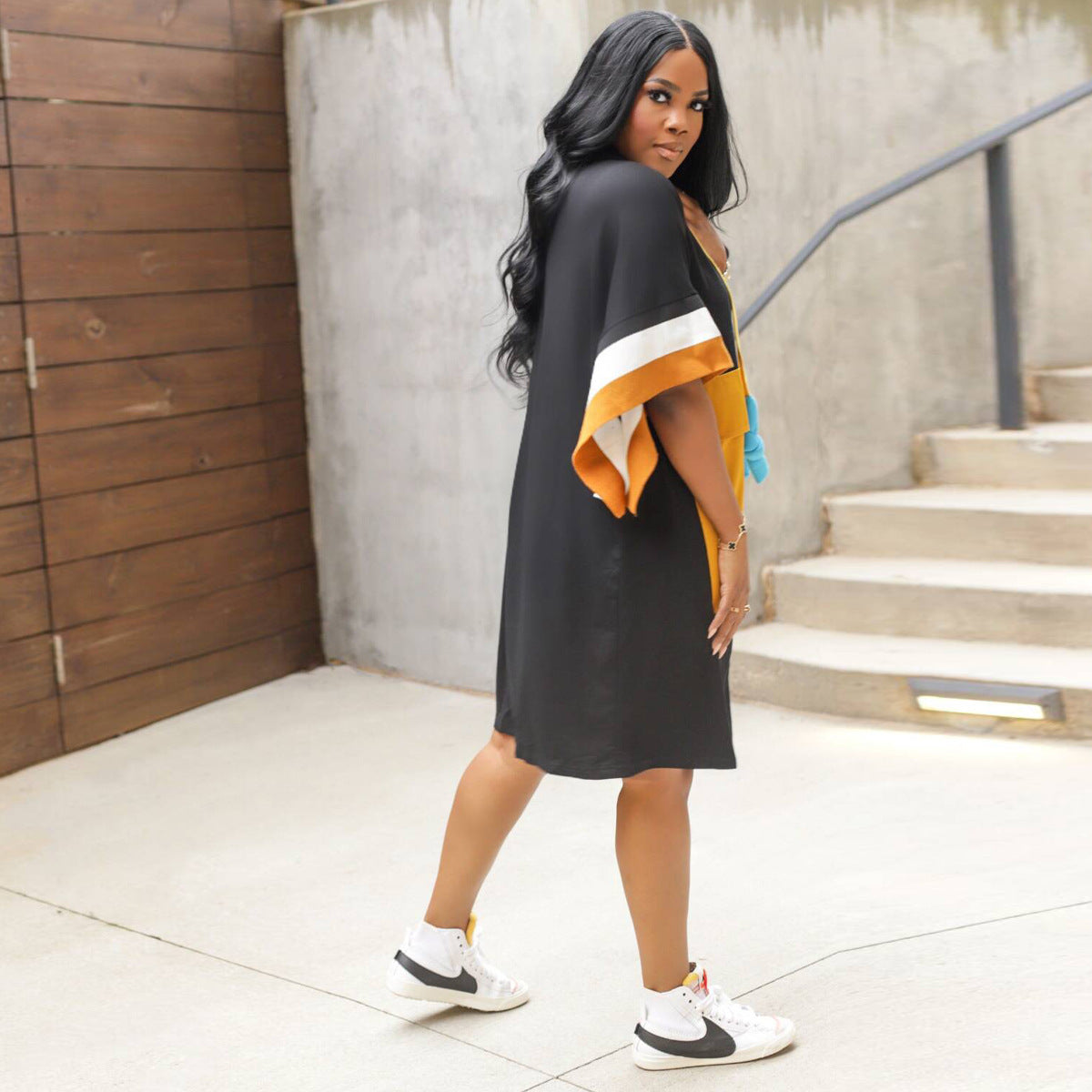 Summer Hooded Loose Bat Short Sleeve Casual Dress 5