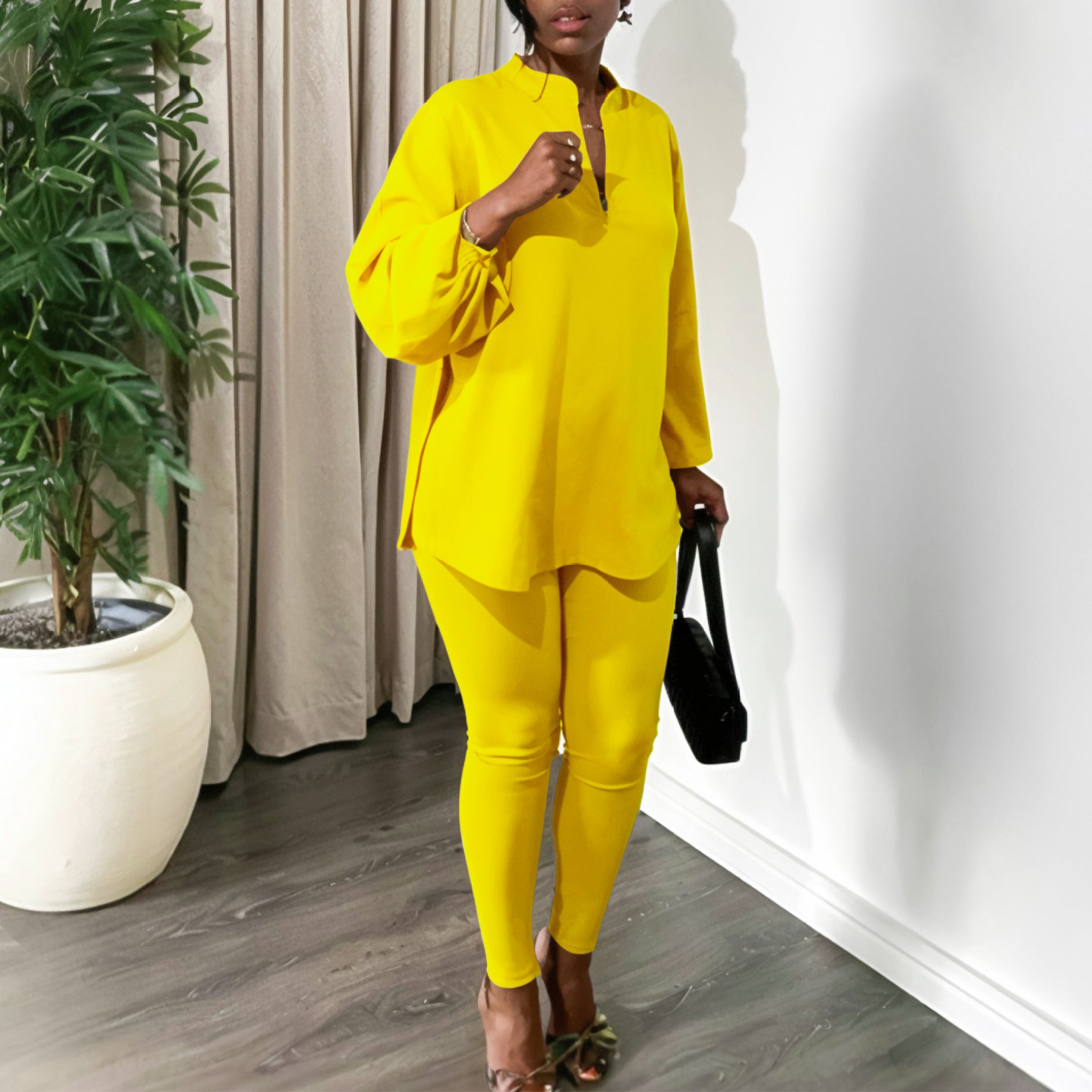 Women's Fall Winter Fashion Solid Color Plus Size V Neck Long Sleeve Top Pants African Suit 6