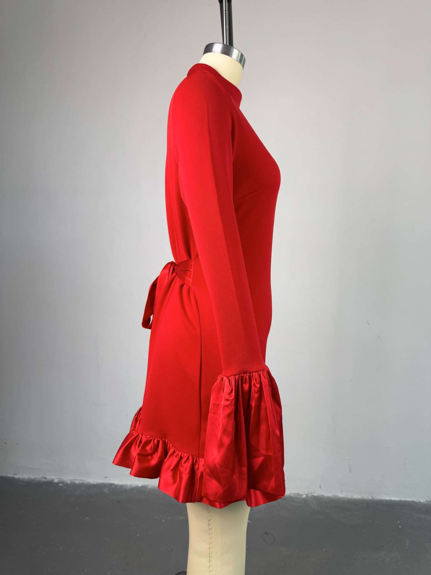 Women Spring Elegant Half-High Neck Bell Bottom Sleeve Ruffle Bodycon Dress 4