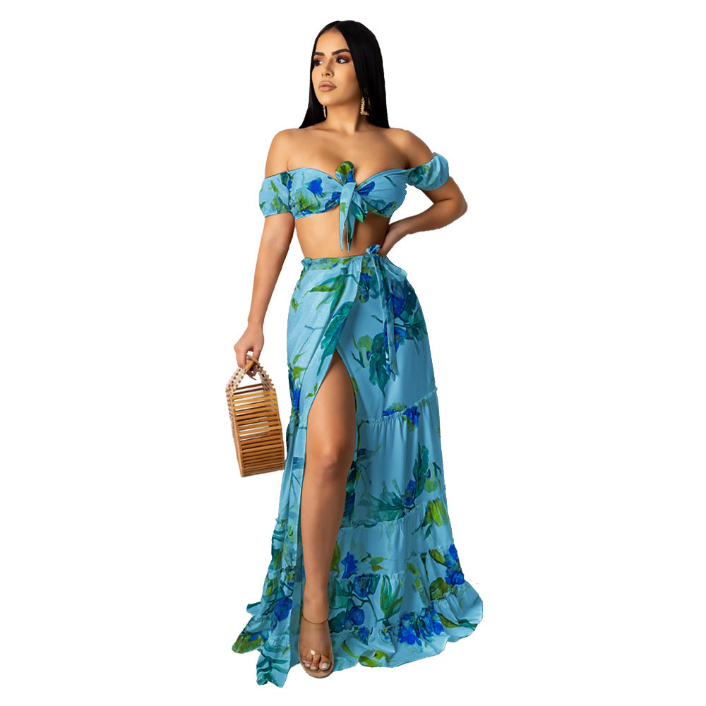 Women summer printed short-sleeved crop Top and slit Skirt sexy two-piece set 14