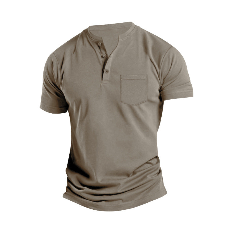 Men's Solid Button Stand Collar Short Sleeve T-shirt 5