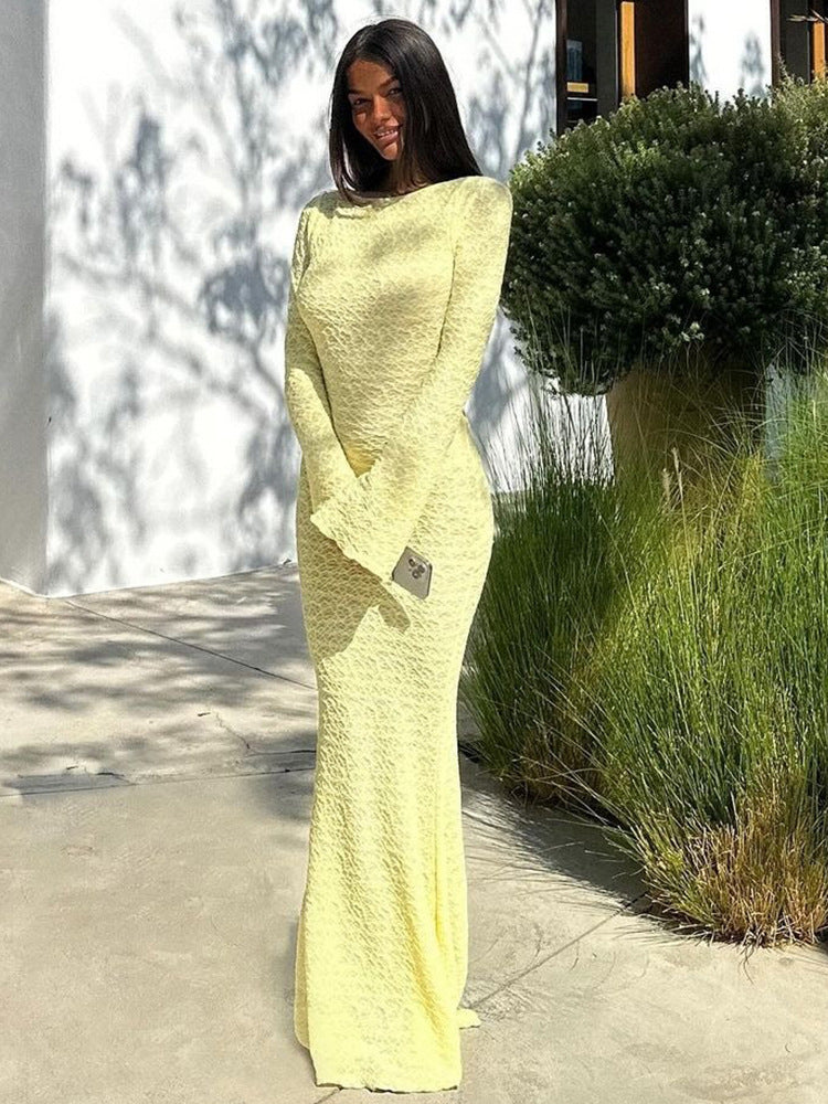 Women Autumn Low Back Lace-Up Backless Long Sleeve Long Dress