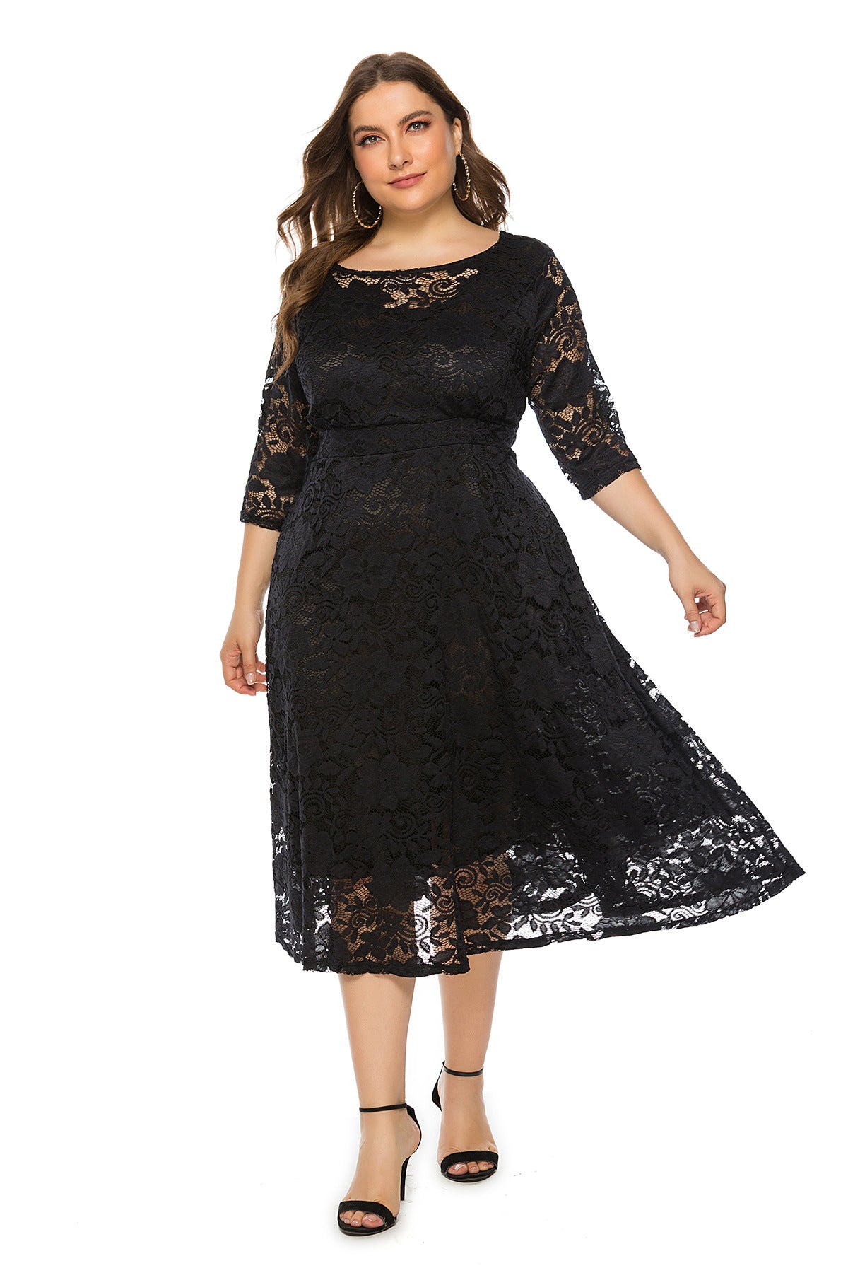 Plus Size Evening Dress Mid Length Cutout Lace Pocket Dress 25