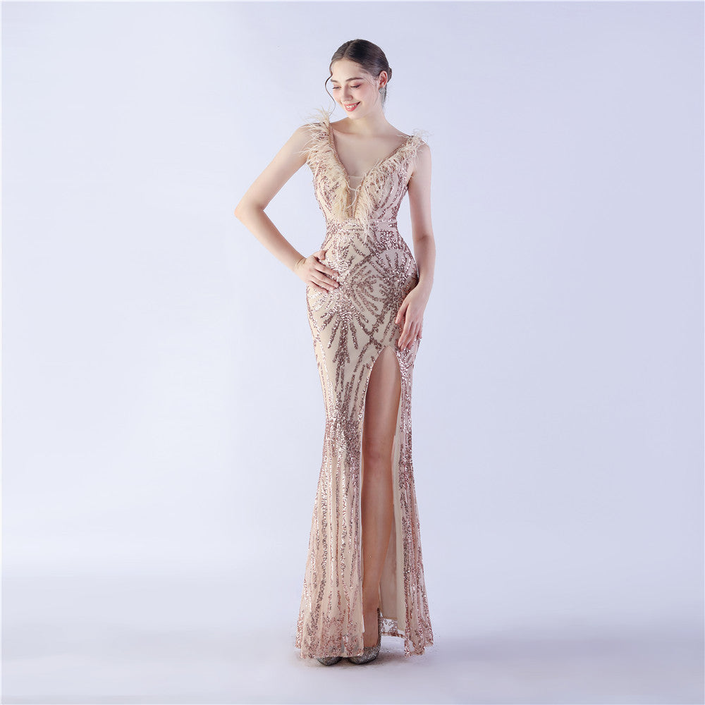 Sexy Feather Beading Sequins Evening Formal Party Side Slit Evening Dress 14