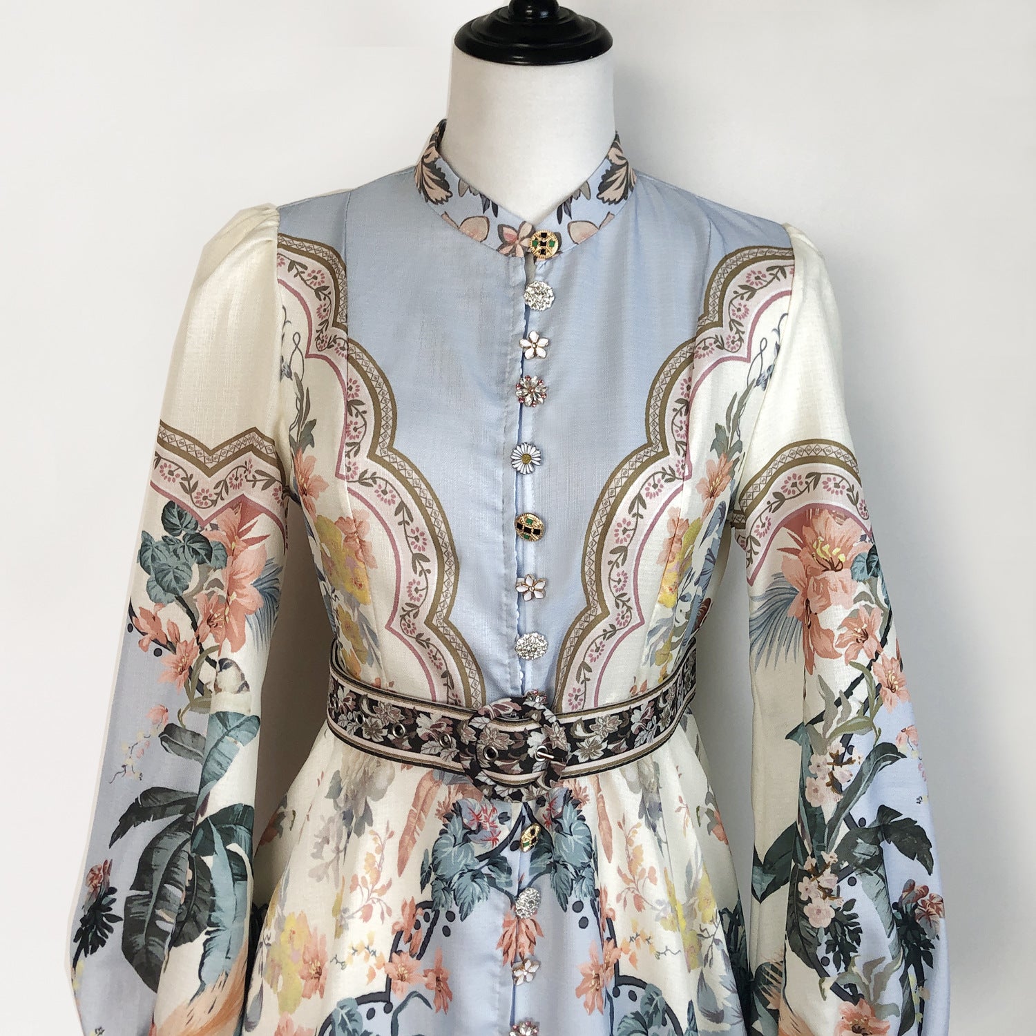 Elegant Print Row Jewelry Button Floral Lantern Sleeve Midi Dress with Belt 18