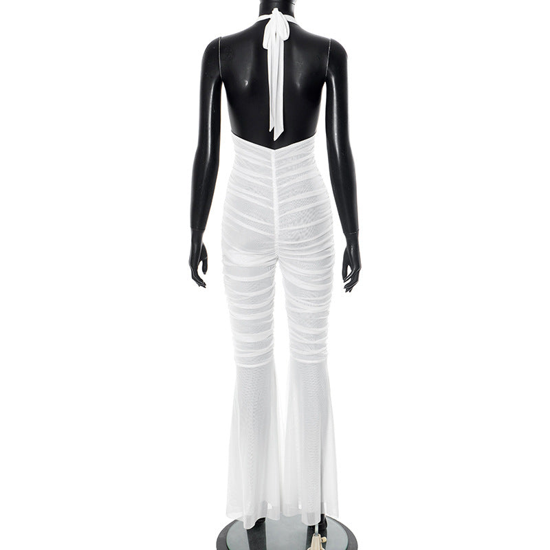 Women's Spring and Summer Deep V-Neck Halter-Neck Lace-Up Low-Back Gathered Bell-Bottom Jumpsuit 8