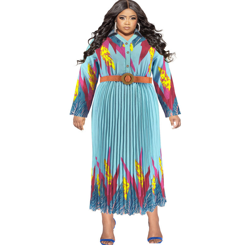 Plus Size Autumn Women's Print Button Long Sleeve Pleated Dress 15