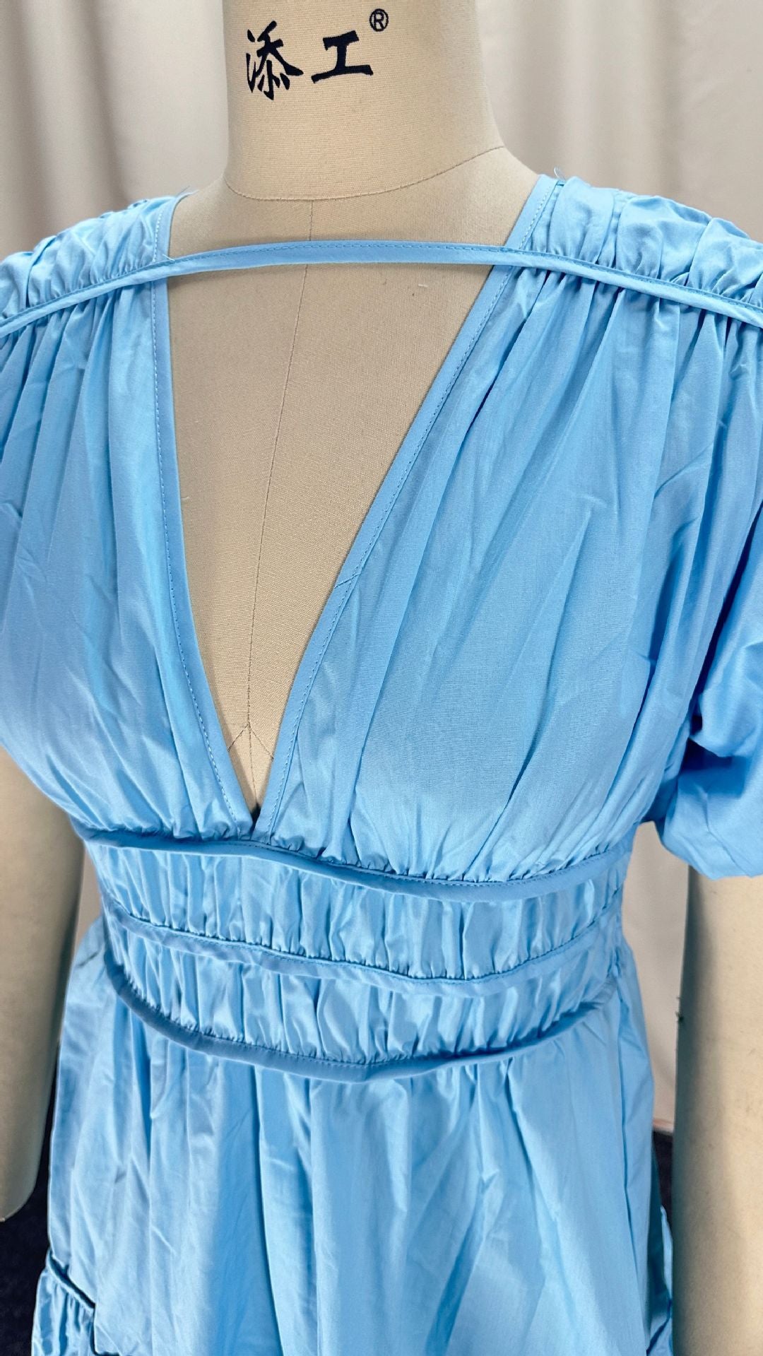 Women Spring V-Neck Zipper Puff Sleeve Hollow Maxi Dress 13