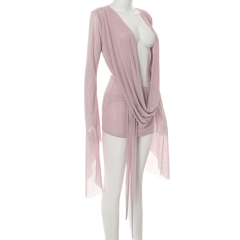 Women's Mesh Draped Neck Flared Long Sleeve Low Back Short Dress 8