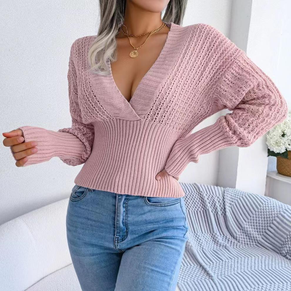 Women Autumn and Winter Hollow Short Sexy V-Neck Bat Sleeves Sweater Top 4