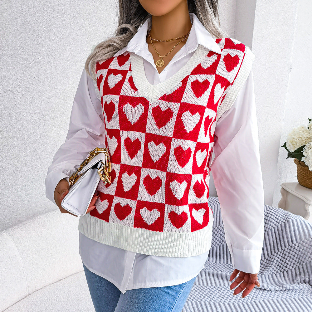 Fall/Winter Preppy Heart Print Knitting Vest Sweater Vest 9