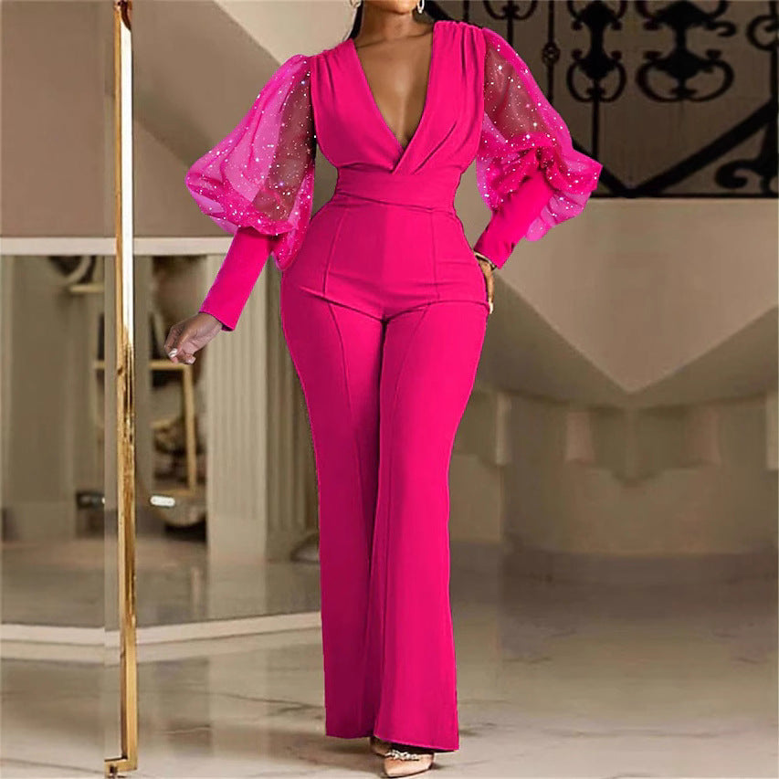 Women autumn V-neck mesh patchwork wide-leg jumpsuit 3