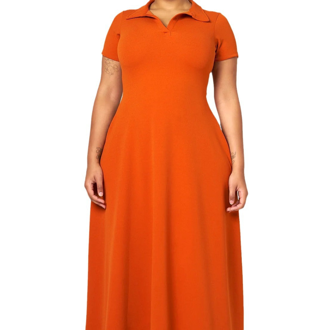 Women's Solid Color Turndown Collar Short Sleeve Loose Plus Size Dress 6