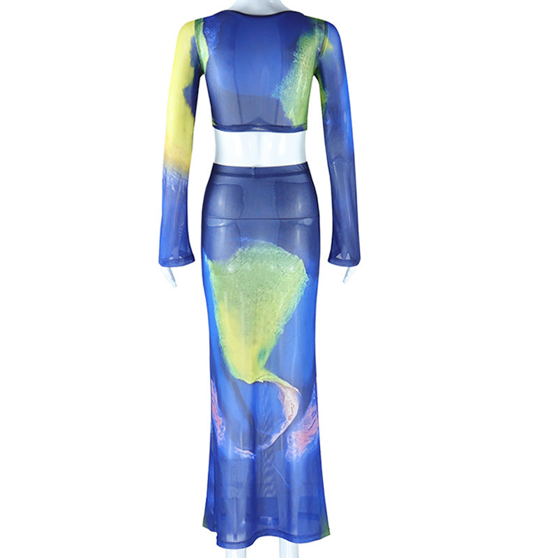 Bell Bottom Sleeve Pleated Crop Top High Waisted Bodycon Skirt Fashionable Two-Piece Printed Tight Fitting Skirt Set 7