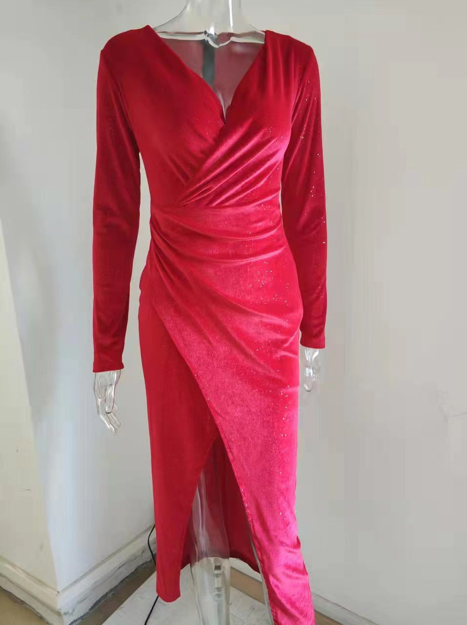 Women Sexy Leg-Exposing Long Sleeve Velvet Dress 25