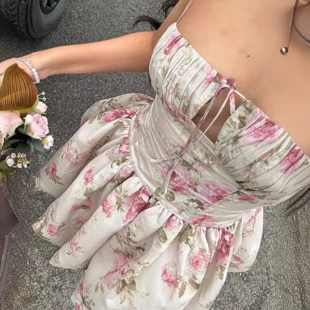 Summer Print Square Neck Sexy Low Back Slim Mini Strap Dress