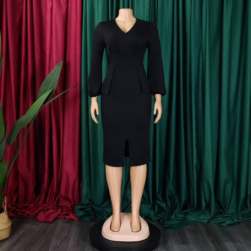 African Women v-neck puff sleeve slit dress 15