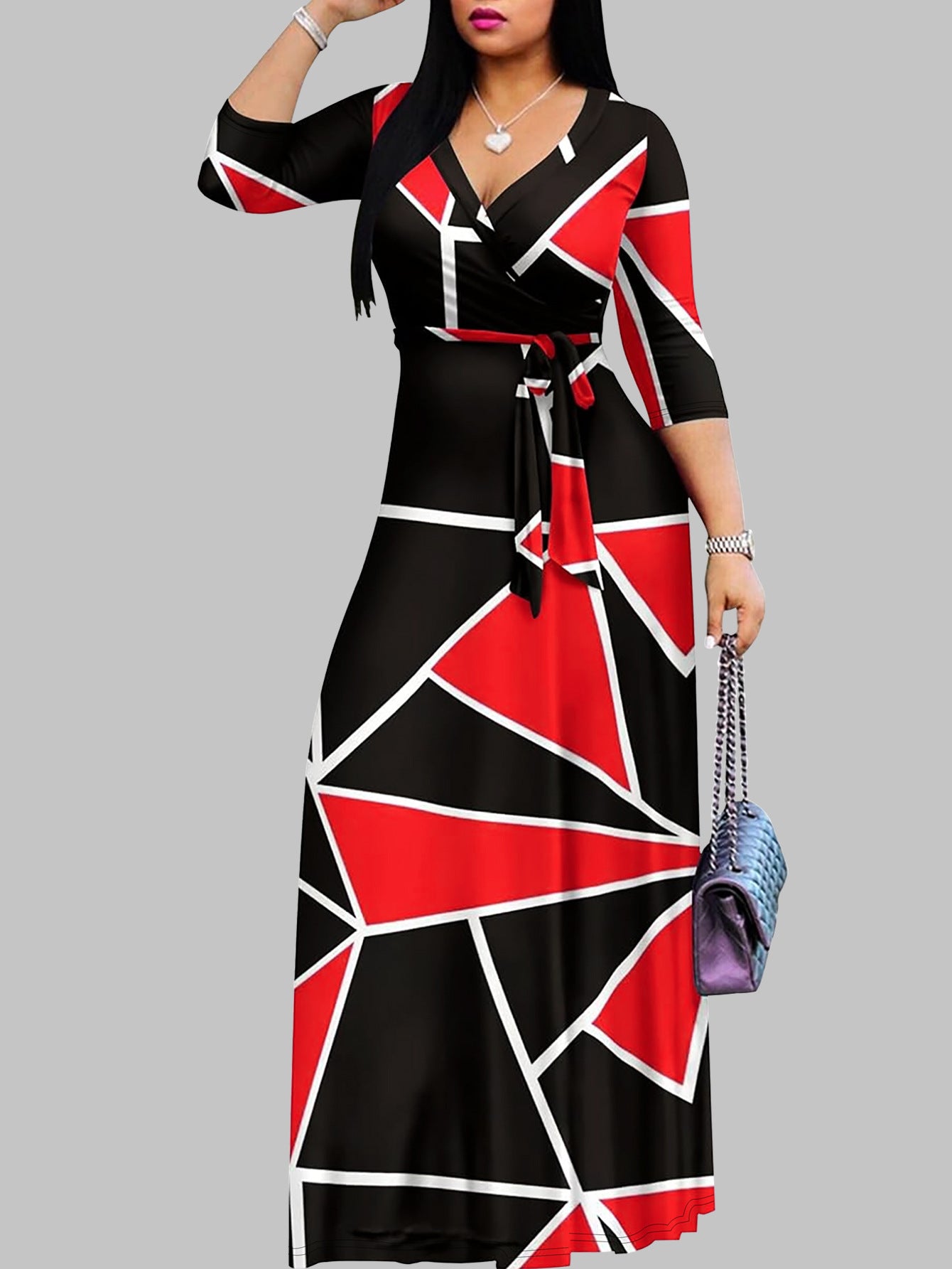 Spring & Autumn Women's Fashion Elegant Wrap V-Neck Half-Sleeve Print Belt Maxi Dress 35