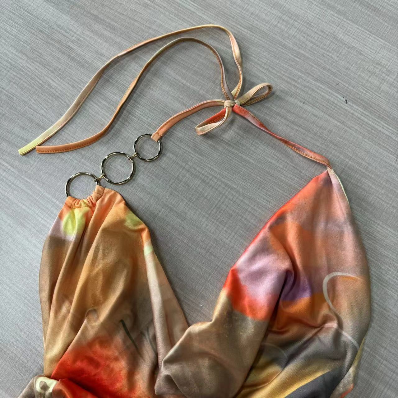 Women Sexy Printed Hollow Backless Halter Neck Lace Dress 9