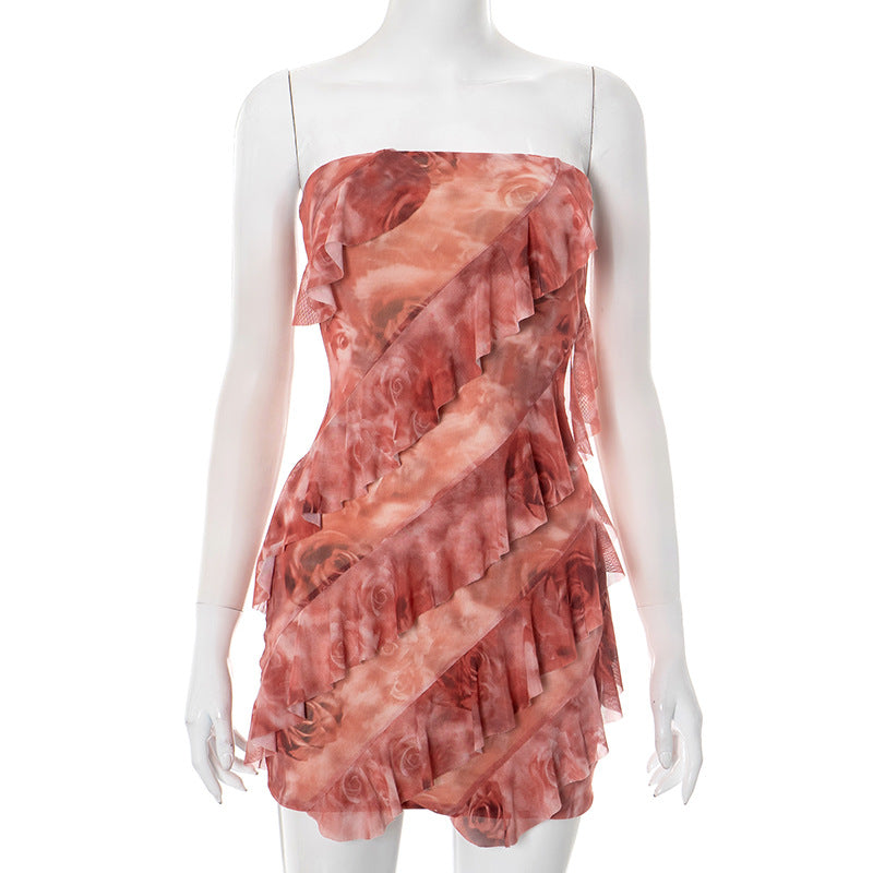 Women's Spring/Summer Flounce Mesh Strapless Mini Rose Print Bodycon Dress 6