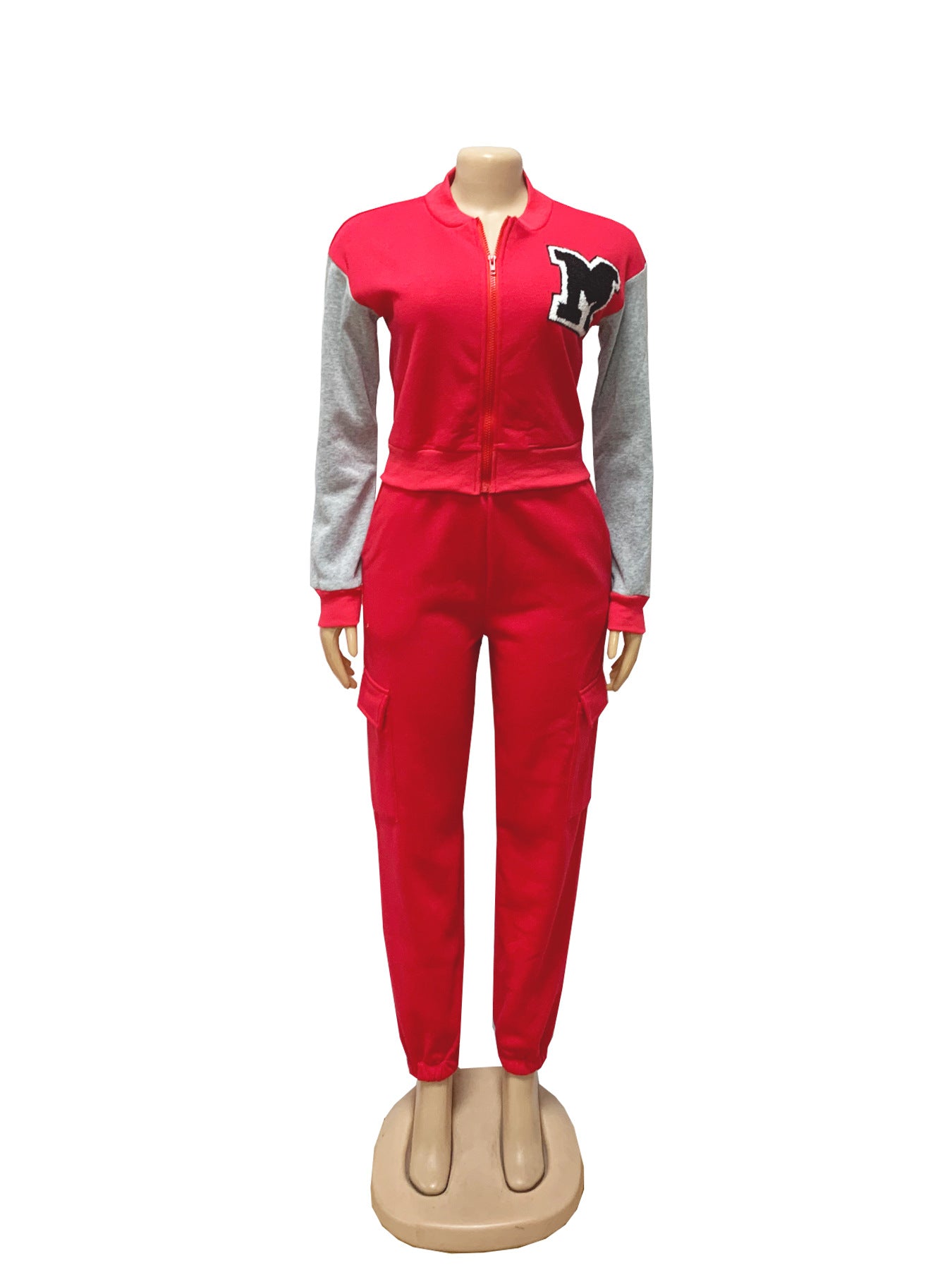 Women Casual Letter Printed Contrast Color Long Sleeve Zipper Top and Pants Two Piece Set 14