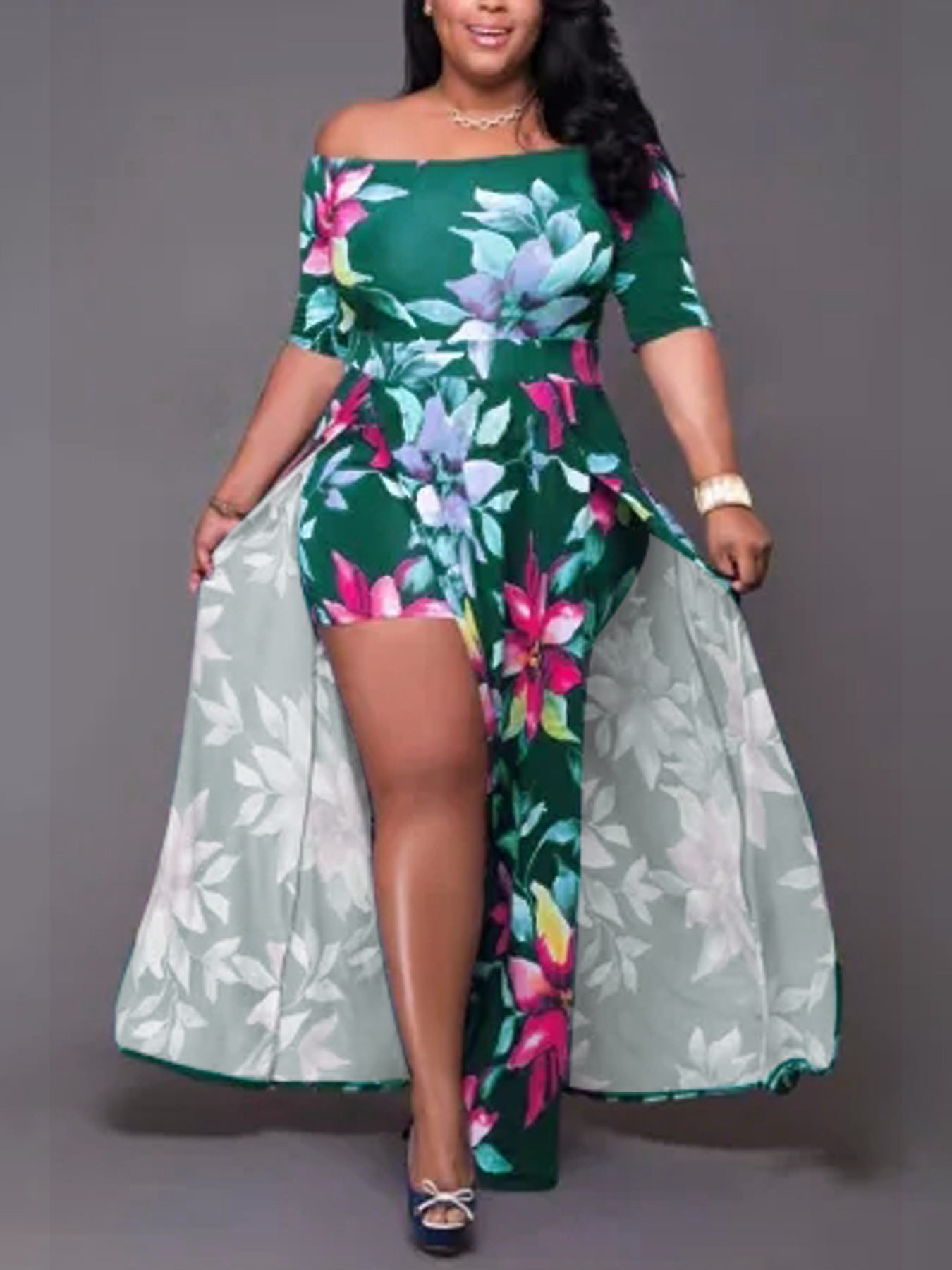 Women's Flowers Off Shoulder Fashion Plus Size Dress 3