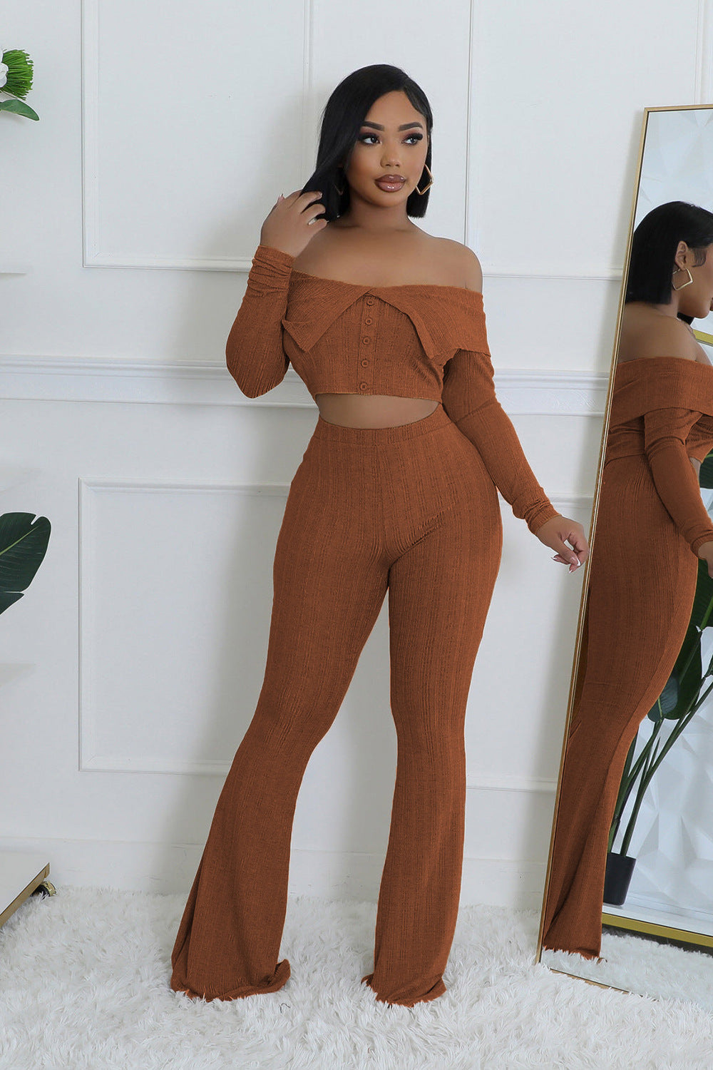 Summer Women's Clothing Solid Color Fashion Off Shoulder Long Sleeve Top Wide Leg Pants Two Piece Set 3