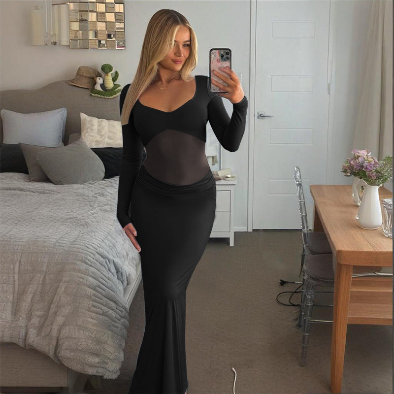 Women Sexy Mesh Patchwork Ruffle Gathered Maxi Dress 4