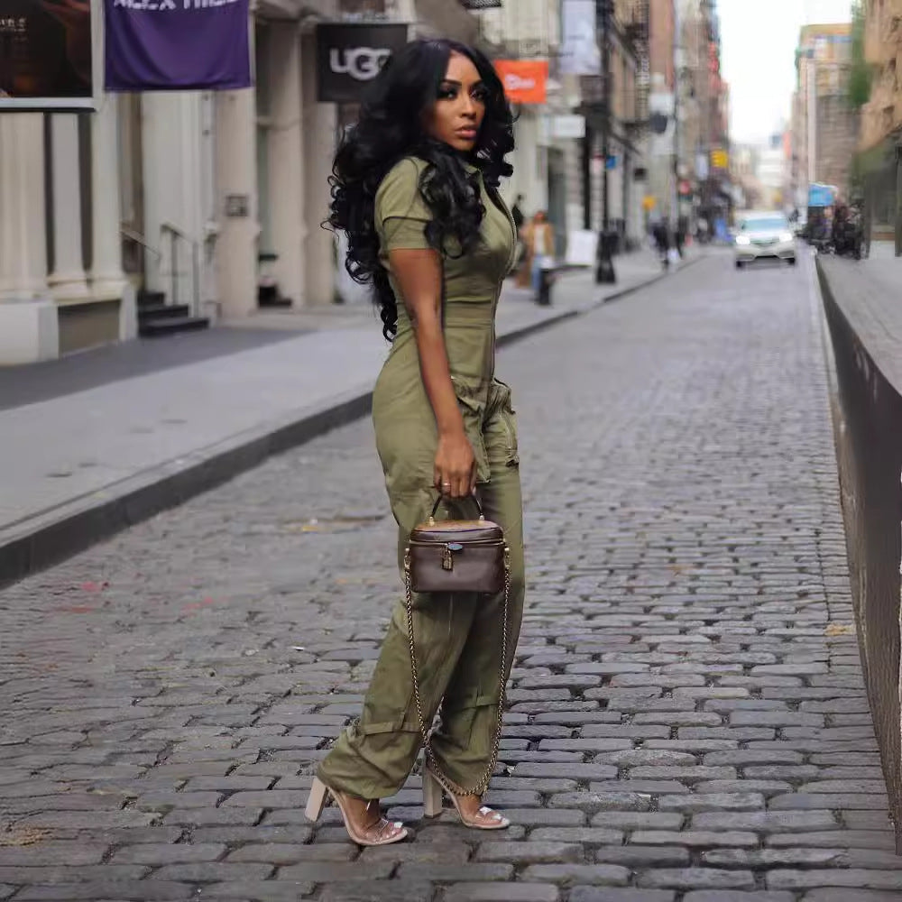 Women Sexy Summer Zipper Pocket Jumpsuit 7