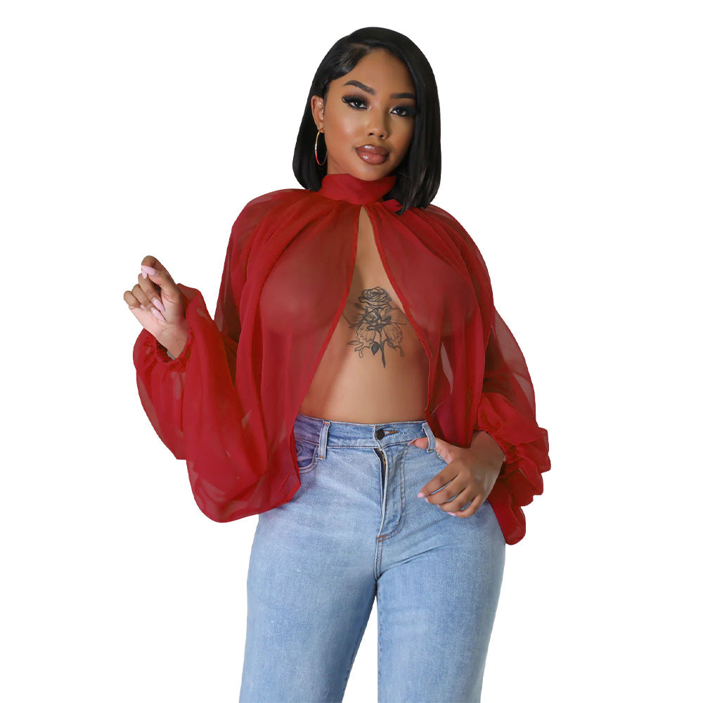 Women's Summer Lace-Up Printed Chiffon Shirt Bat Sleeves Top 9