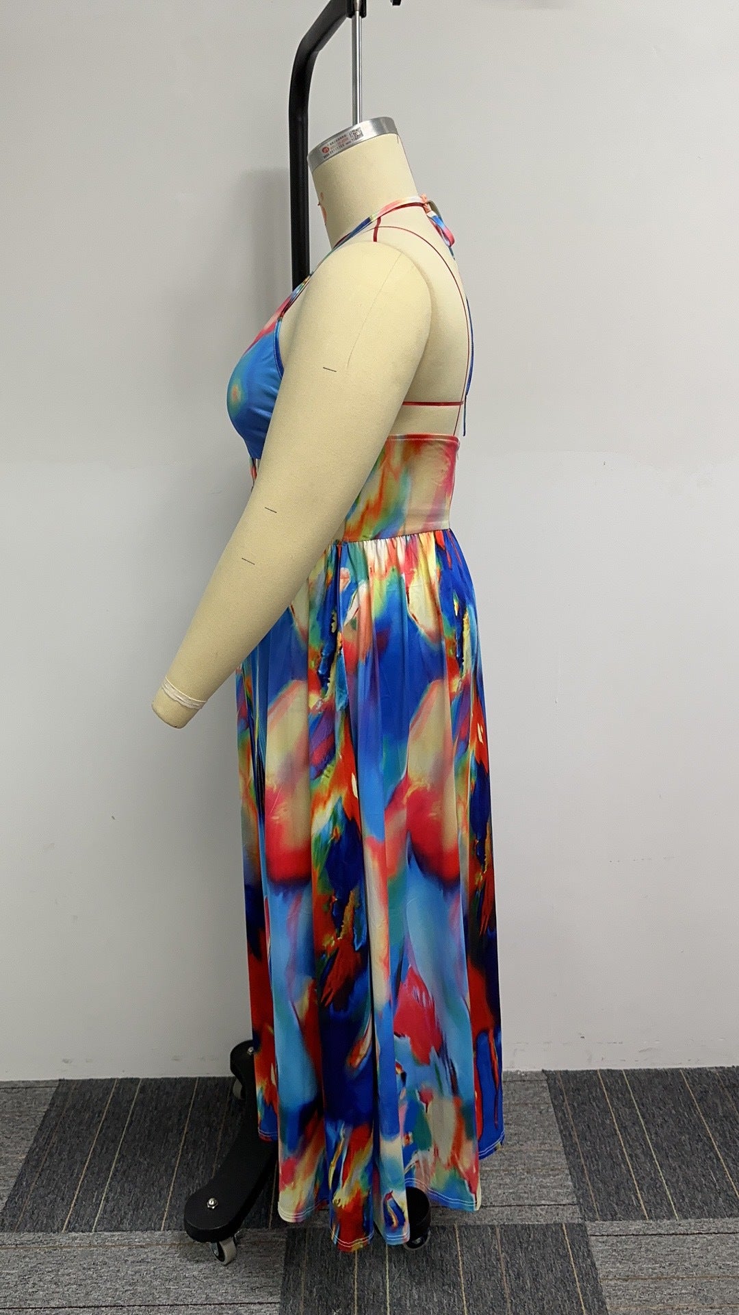 Women Print Cutout Halter Neck Lace-Up Slit Dress 10