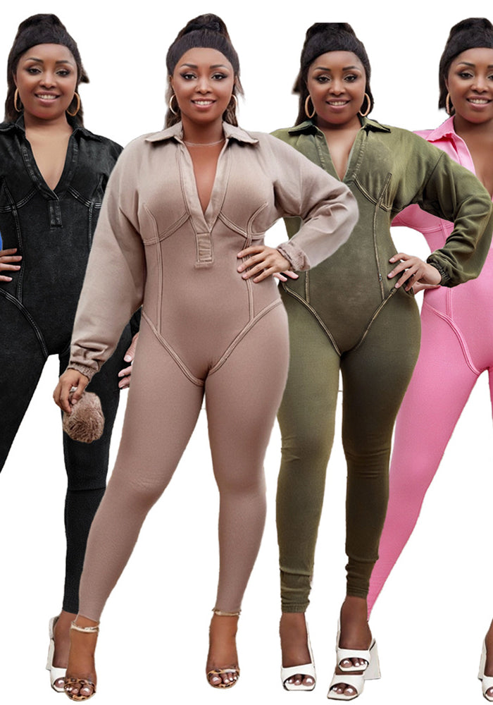 Plus Size Fashion Women Denim Washed Sexy Deep V Tight Fitting Long Sleeve Jumpsuit