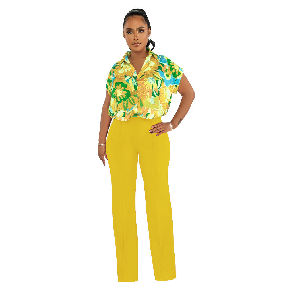 Women's Fashion Summer Printed Shirt Straight Leg Pants Suit For Women 8