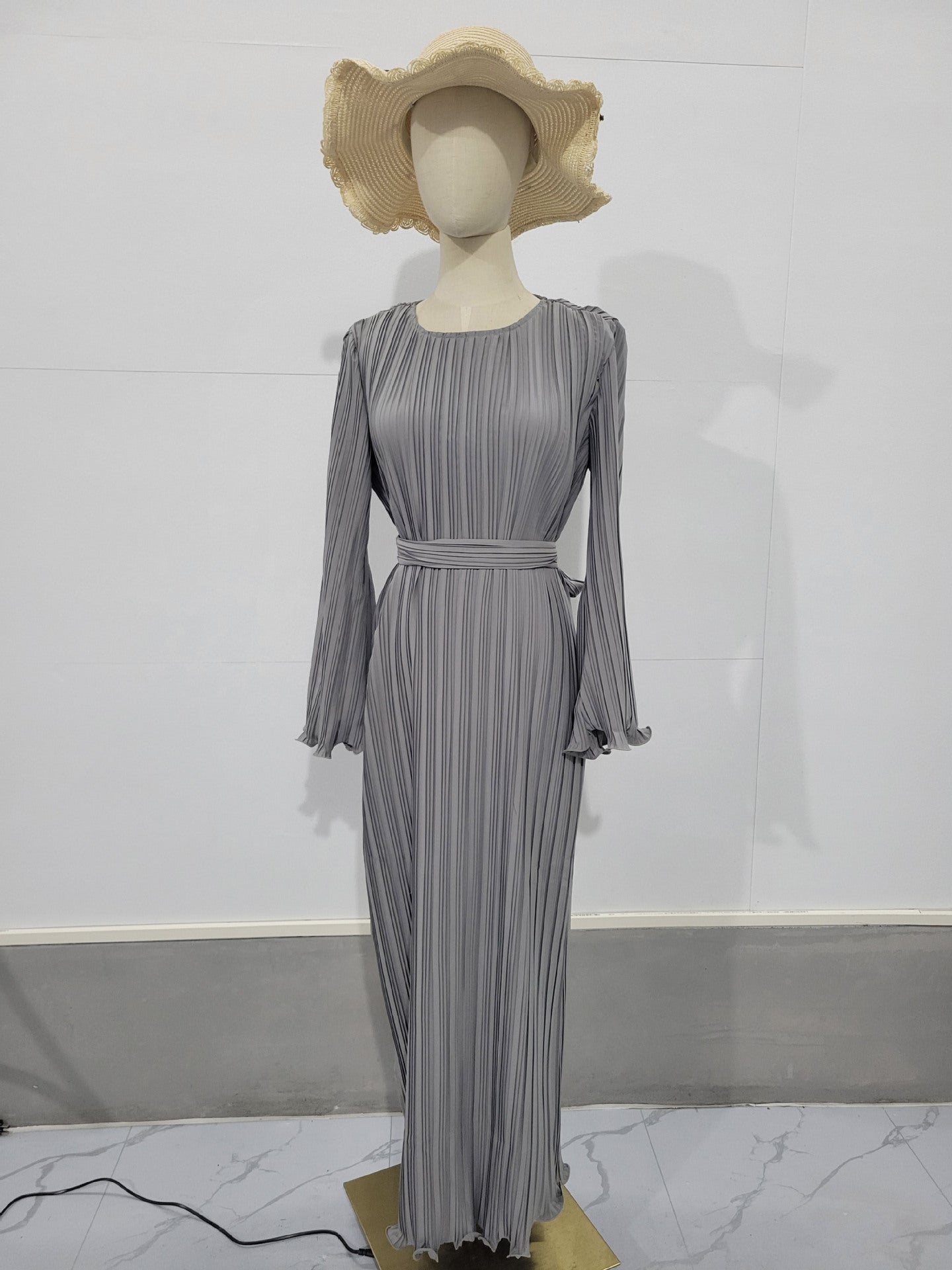 Women's Fall Maxi Dress Chic Pleated Bell Bottom Sleeve Midi Dress 11