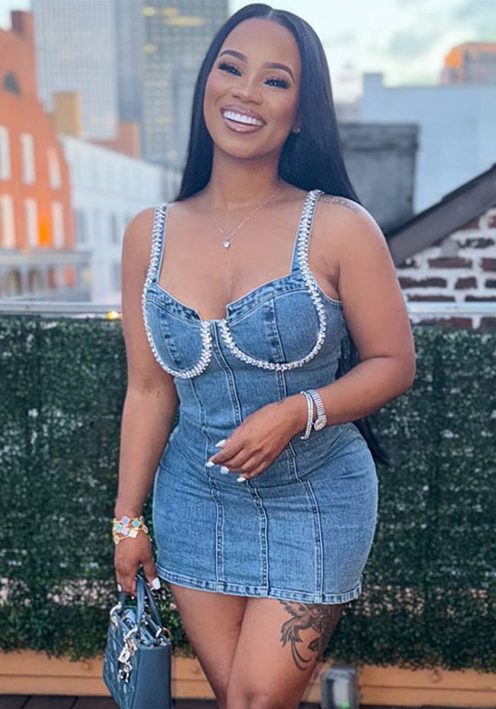 Women's Denim Strap Dress Summer Fashion Sexy Diamond Embellished Short Dress