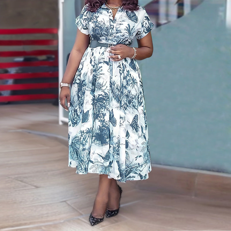 Plus Size Women Printed Stand Collar Belted Dress 11