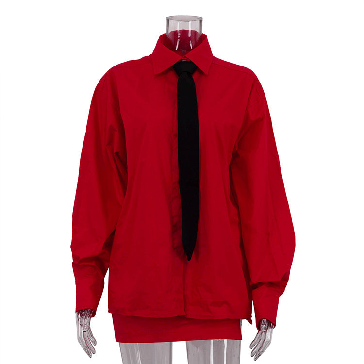 Women Turndown Collar Long Sleeve Tie Shirt Slit Knot Skirt Two-Piece Set 9