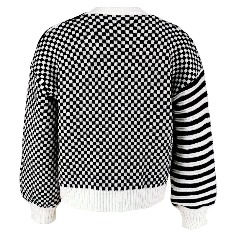 Autumn And Winter Sweater Women's Plaid Patchwork Striped Knitting Coat 7