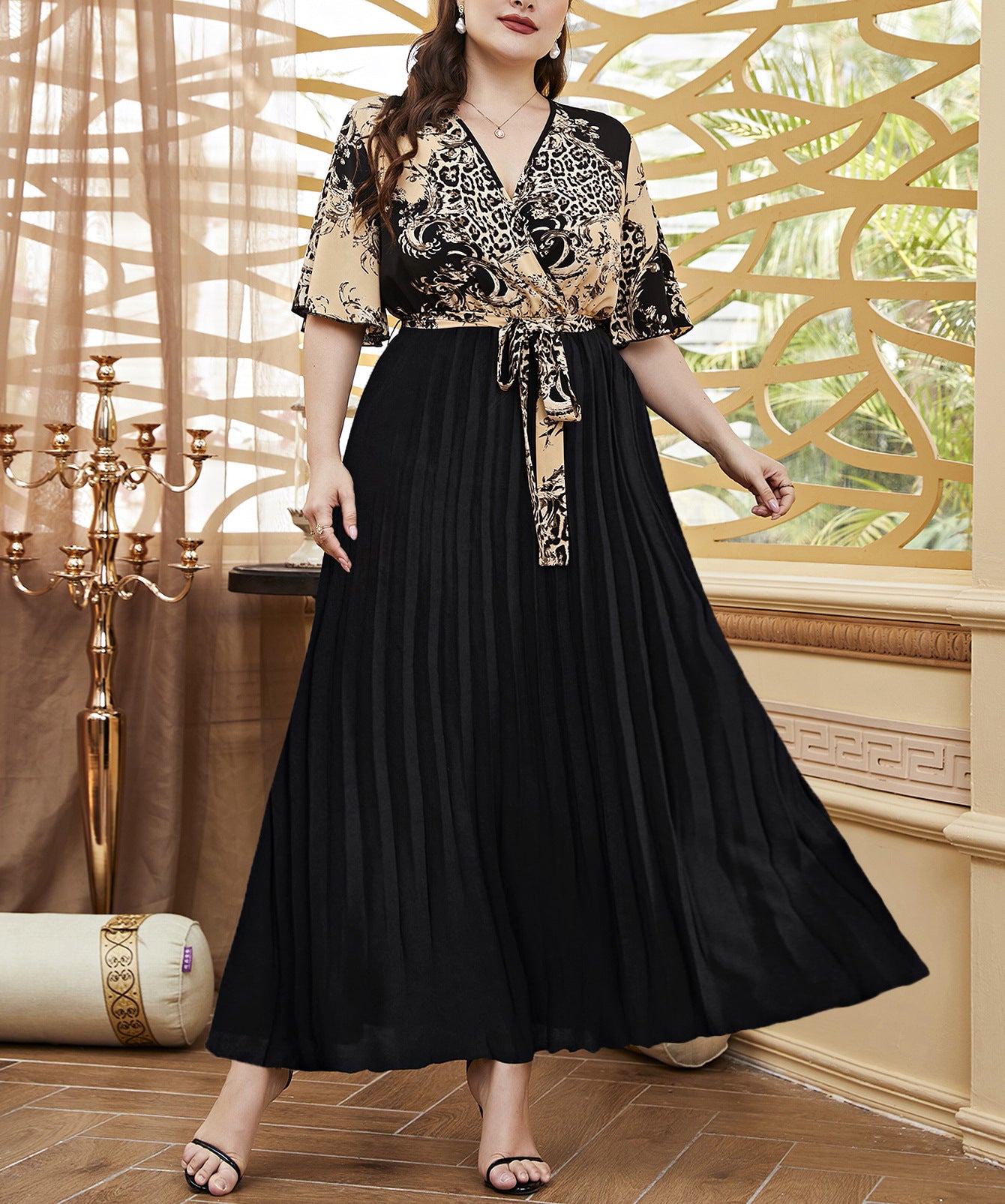 Plus Size Women Waist tie print sexy v-neck Patchwork short sleeve Dress 3