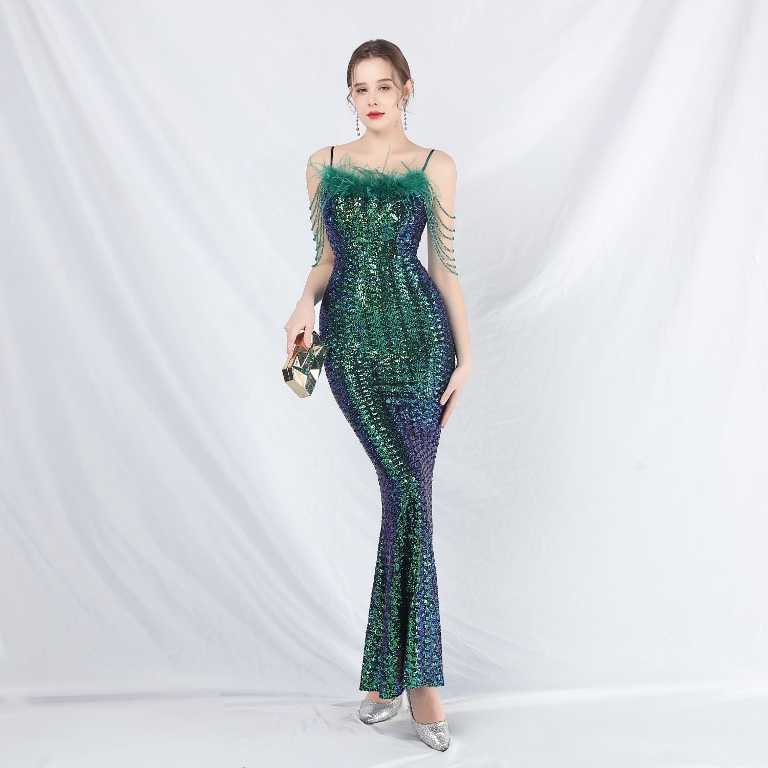 Women beaded ostrich feather phantom sequin Maxi evening dress 3
